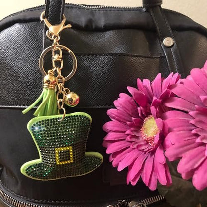 Popfizzy St Patty's Day Hat Keychain for Women and Girls, Bling Irish Green Leprechaun Hat Purse Charm, St Pattys Day Gift