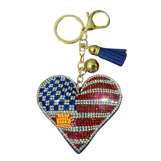 Popfizzy Bling American Flag Keychain for Women and Girls, Purse Charm, Heart Bag Charm, American Flag Gifts, Double Sided