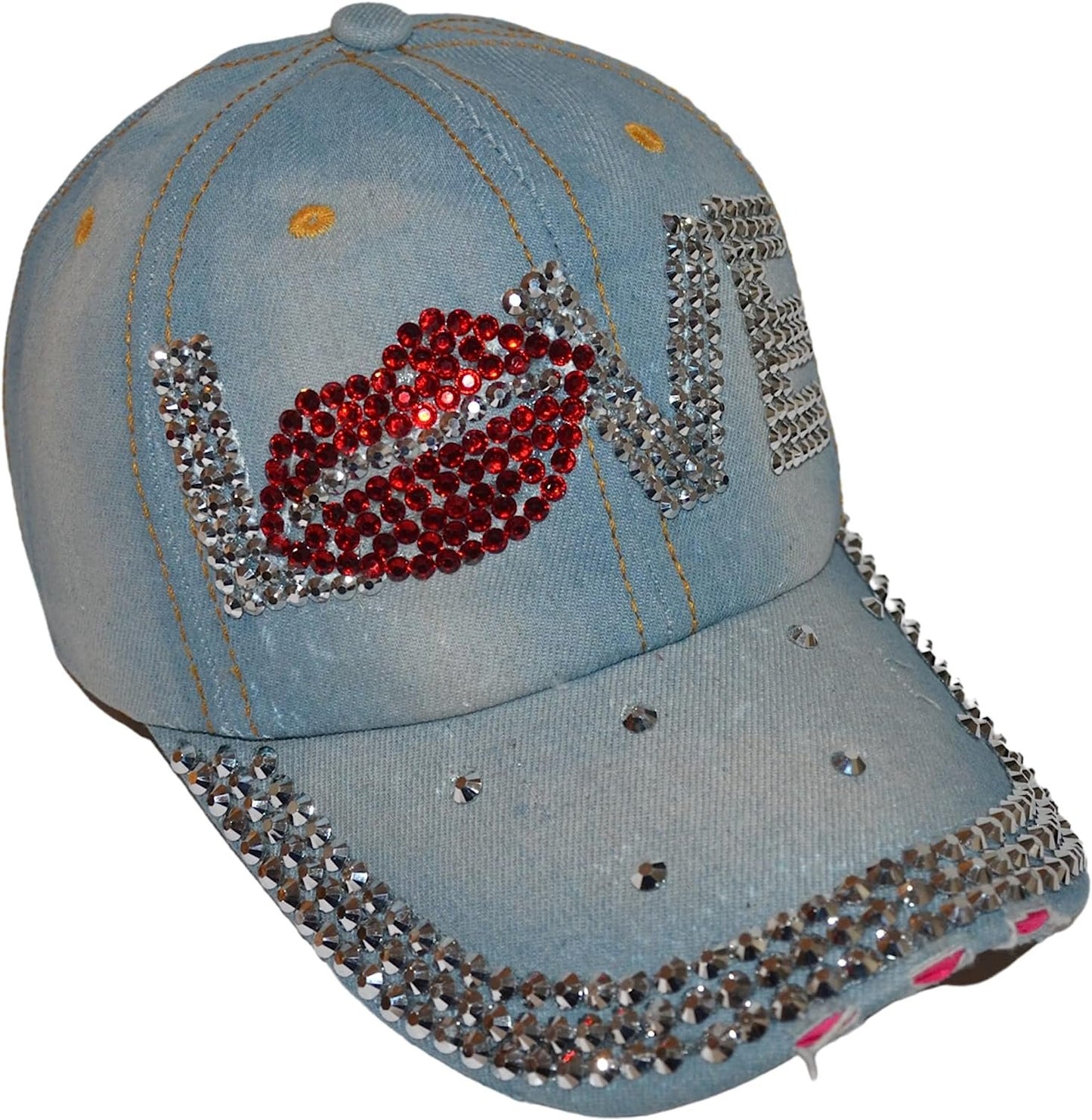 Popfizzy Womens Bling Cap, Bejeweled Rhinestone Baseball Cap, Distressed Denim Hat for Women, Bling Gifts for Women