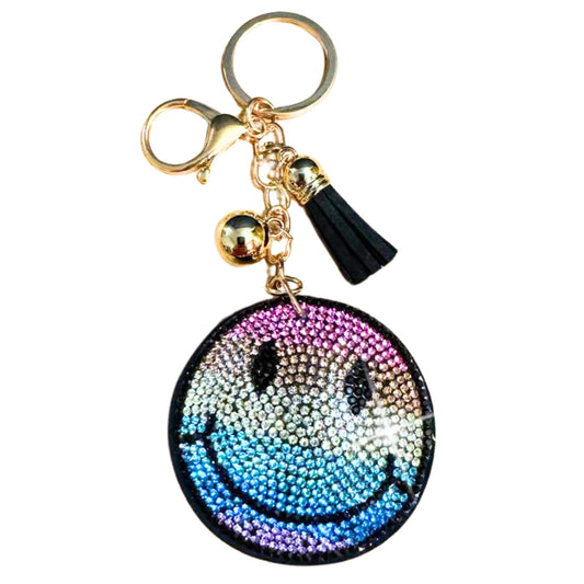 Popfizzy Rainbow Smiley Face Keychain Accessories for Women, Rhinestone Emoji Happy Face Keychains, Smiley Face Gifts