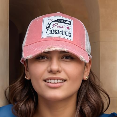 Popfizzy Funny Vintage Trucker Hats for Wine Drinkers, Adult Humor Caps, Distressed Baseball Cap (I Make Pour Decisions)